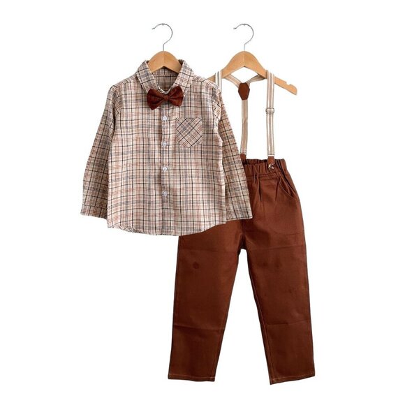 Other - NWT Handsome Boys Dress Shirt, Bow Tie, Pants & Suspenders Set Tan & Brown 6-9M